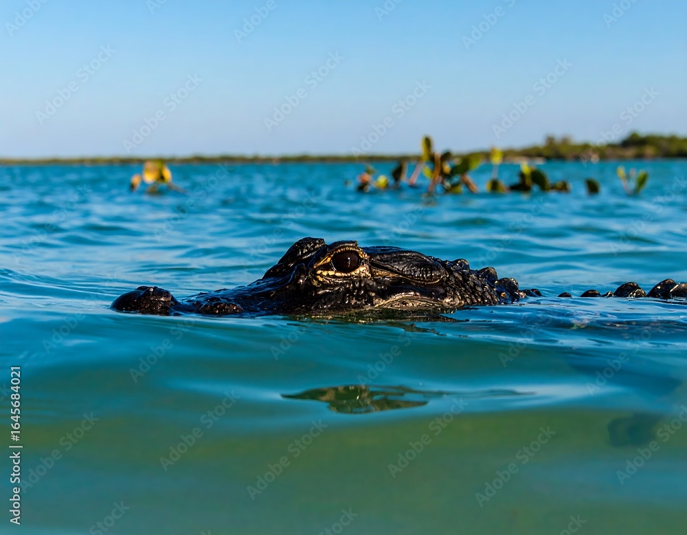 Fototapeta premium Croc's head emerging from water. Clear shallows