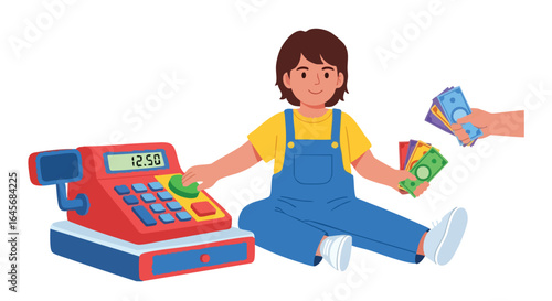 Cute little boy playing with a toy cash register and money.
