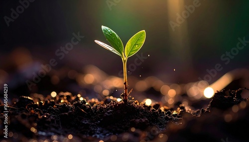 Close-up of a new plant seedling with water droplets on its leaves, emerging from the dark soil, beautifully illuminated by a ray of light, symbolizing growth and life