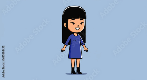 Smiling cartoon woman with long black hair and bangs, wearing a stylish blue dress and black boots.