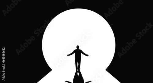 Solitary man's silhouette walking forward with open arms and a distinct reflection.