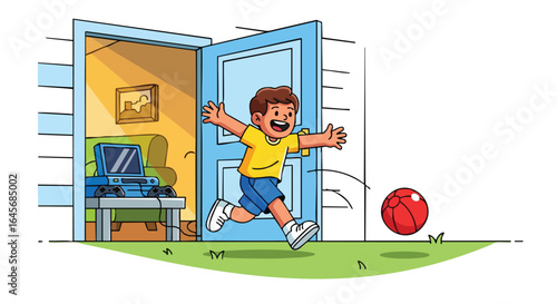 Excited boy runs outside leaving video games behind to play.