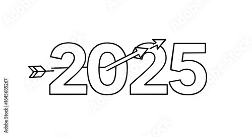 Stylized 2025 number with a progress arrow, a simple black and white line art illustration.