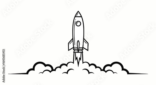 Stylized black line art of a retro rocket launching with a powerful exhaust plume and smoke clouds.