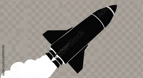 Stylized black space shuttle silhouette launching upwards with white exhaust smoke.