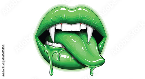 Green lips with fangs and a dripping tongue, creating a spooky and surreal image.