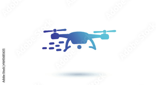 Stylized blue gradient quadcopter drone icon flying forward with motion lines.