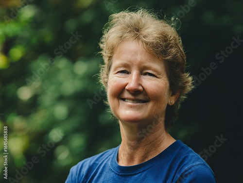 Middle-aged woman with curly brown hair smiles at the camera wearing a blue T-shirt standing in front of a green tree with sunlight shining on her face, capturing a warm and natural outdoor moment.