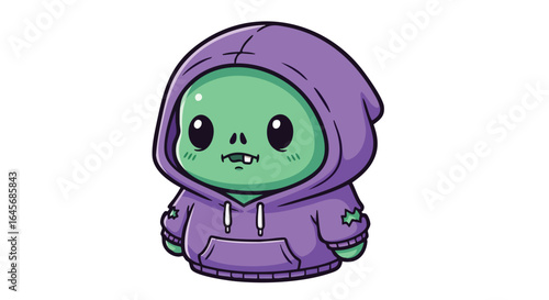 Cute cartoon zombie character wearing a purple hoodie, isolated on white.