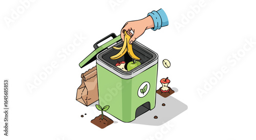 Hand composting organic food waste in a green bin for recycling and sustainability.