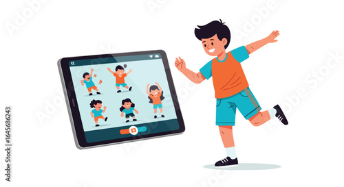 Happy Boy Following Online Exercise Tutorial on Tablet.