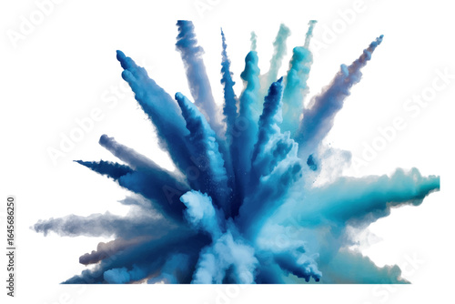 Explosion of Vibrant Blue and Teal Powder Against a Clean White Background, Capturing Dynamic Movement and Color Burst