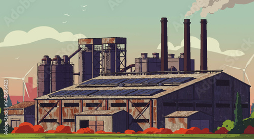 Stylized industrial factory with solar panels on a corrugated roof, smoking chimneys, and wind turbines in the background.