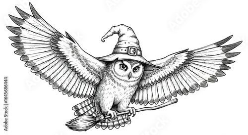 An owl wearing a witch's hat flies on a broomstick, wings spread wide, in a detailed black and white illustration.