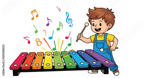 Happy cartoon boy playing a colorful xylophone.