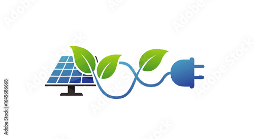 Stylized solar panel icon connected by a leafy green vine cable to a blue electric plug, symbolizing renewable energy.