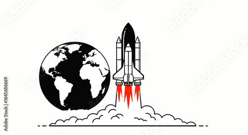 Stylized space shuttle launching with red flames, next to a black and white Earth globe illustration.