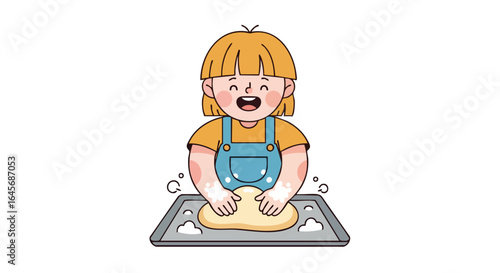 Happy cartoon girl kneading dough for baking bread or pizza.