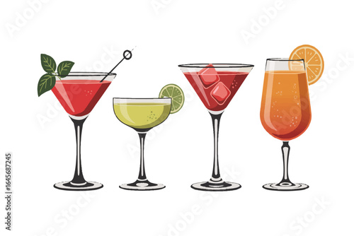 Vibrant set of four illustrated classic cocktails in elegant glassware, a colorful collection of alcoholic mixed drinks for bar menus.