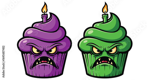 Two angry cartoon cupcakes, purple and green, each topped with frosting and a lit candle.