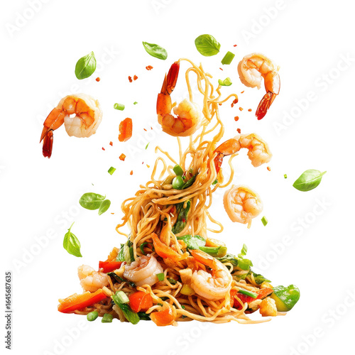 Delicious Shrimp Lo Mein with Fresh Vegetables in a Vibrant Display of Flavor and Texture on transparent background