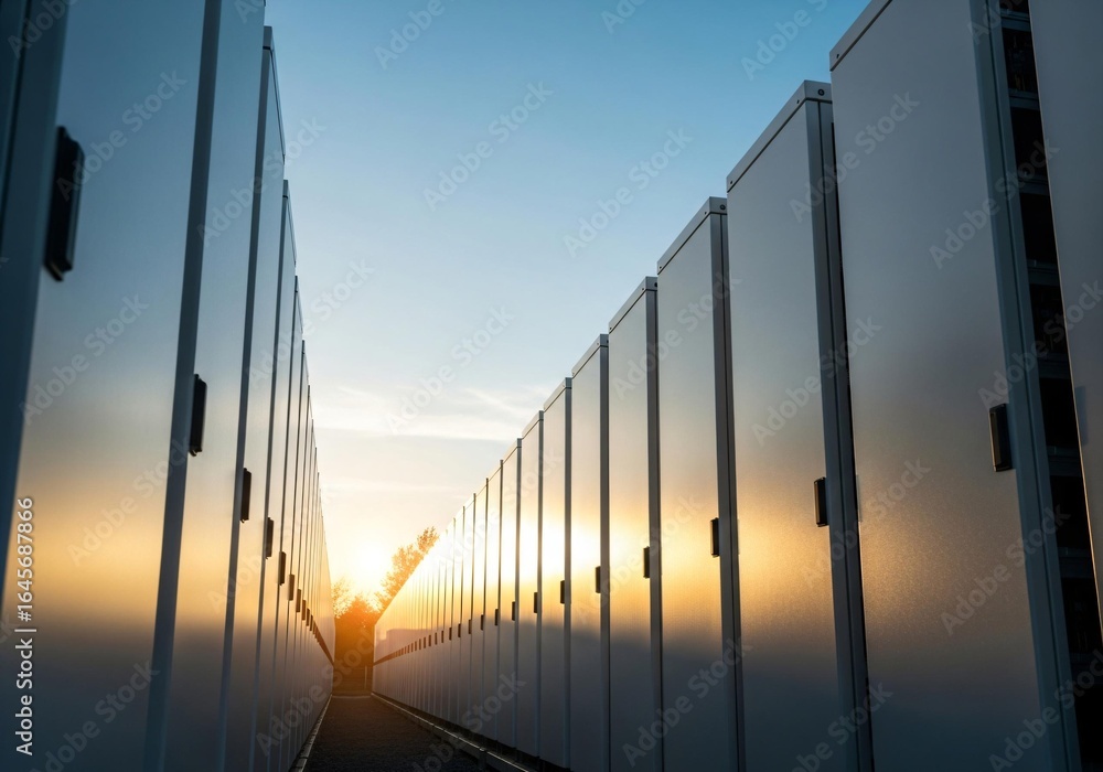 Fototapeta premium Data center servers bathed in golden sunset light and clear blue sky
