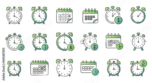 Time Management Icons: Alarm Clocks and Calendars in Green and Blue