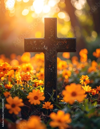 Dark cross amidst orange flowers bathed in sunlight