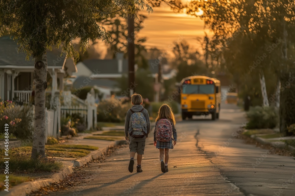 Obraz premium Two kids head to school bus stop on peaceful early morning walk