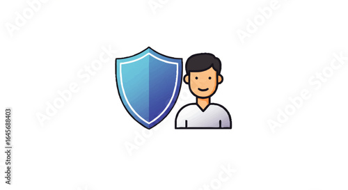 User protection icon featuring a smiling man and a blue gradient shield with a bold outline.