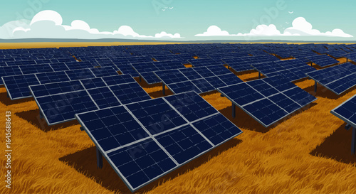 Vast field of dark blue solar panels with light grey frames, tilted for energy collection.