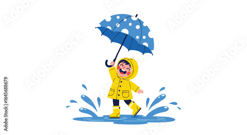 Joyful cartoon child in yellow raincoat splashing in a puddle with an umbrella.