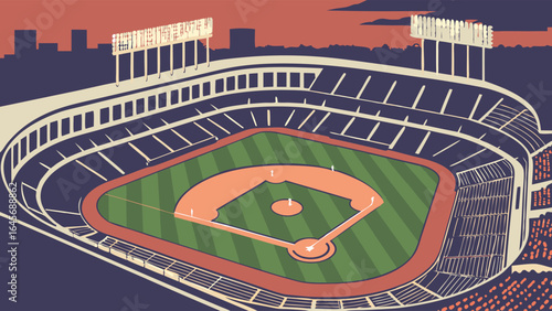 Classic Baseball Stadium BirdsEye View Green Field Orange Basepaths and Tiered Seating.