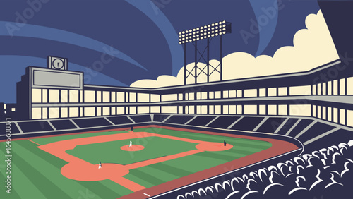 Classic Baseball Stadium Night Game Illustration Players on Field Spectators in Stands.