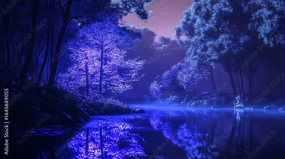 Obraz premium A tranquil nighttime forest scene with water reflections and trees