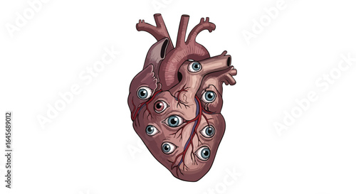 A stylized human heart with numerous eyes, suggesting a metaphorical representation of emotional vulnerability or surveillance.