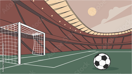 Classic Black and White Soccer Ball on Green Field Near Goal.