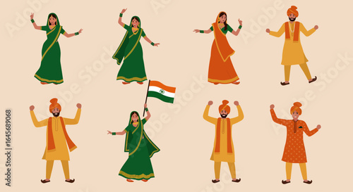 A vibrant collection of illustrated Indian people in traditional attire, dancing and celebrating a national holiday with pride.