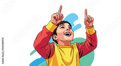 Joyful young boy pointing up with an amazed expression.