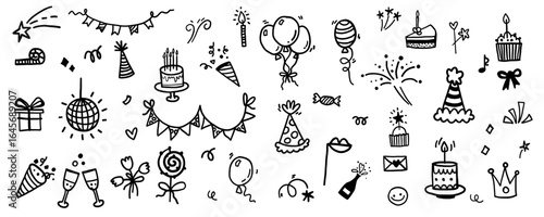 Hand drawn birthday doodle party set. Sketch vector illustration for decoration, anniversary, holiday event collection in simple minimalistic style.