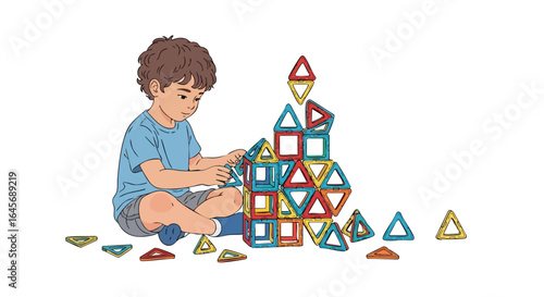 Little boy building a colorful tower with magnetic tiles.