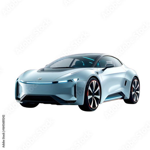 Futuristic electric concept car with a sleek, aerodynamic design, representing advanced automotive technology and modern luxury, isolated on transparent background