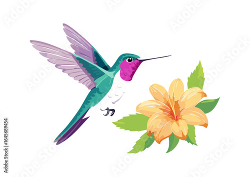 Vibrant hummingbird hovering near a blooming flower