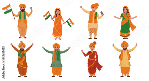 Vibrant digital artwork featuring diverse Indian men and women in traditional attire, joyfully celebrating national pride and rich cultural heritage with a modern illustration style.