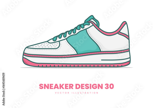 Teal and white sneaker vector with pink sole detail, great for stylish streetwear themes, creative sportswear branding, and bold, modern sneaker designs.