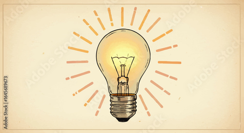 Vintage hand-drawn illustration of a glowing incandescent lightbulb with radiating beams of light, symbolizing a bright idea.