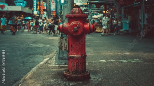 Busy city street, red fire hydrant