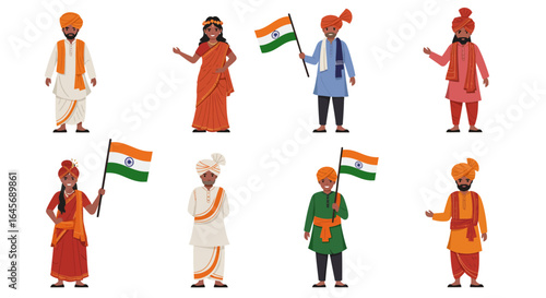 Illustration of eight diverse Indian people in traditional clothing, some holding the Indian flag, celebrating cultural heritage and national pride.