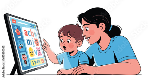 Mother and son learning the alphabet on a digital tablet.