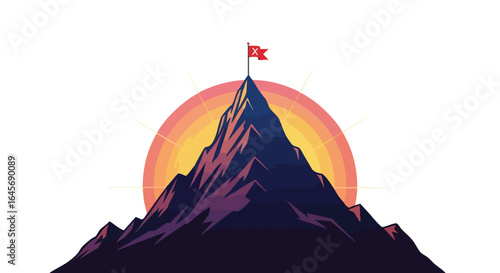 Mountain peak with a flag representing success and achievement.